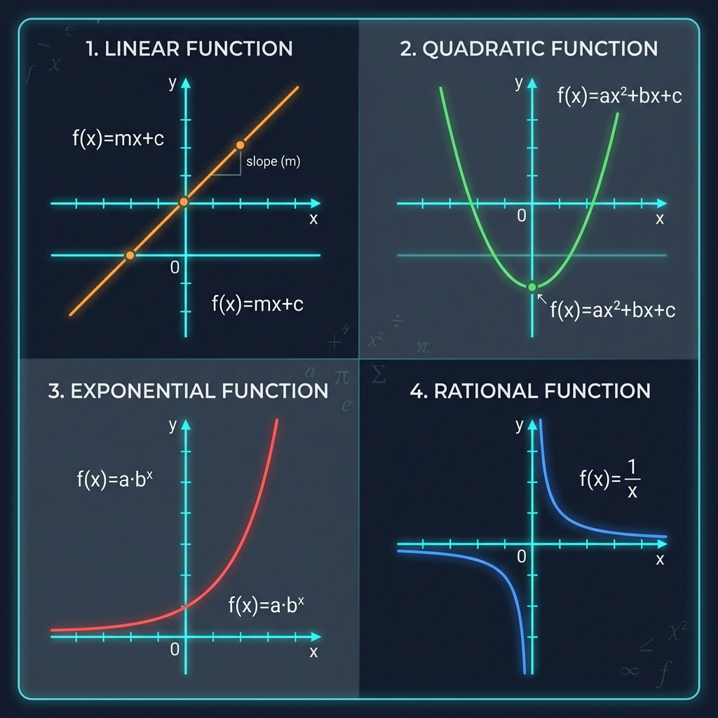 Four types of mathematical functions: linear, quadratic, exponential, and hyperbolic
